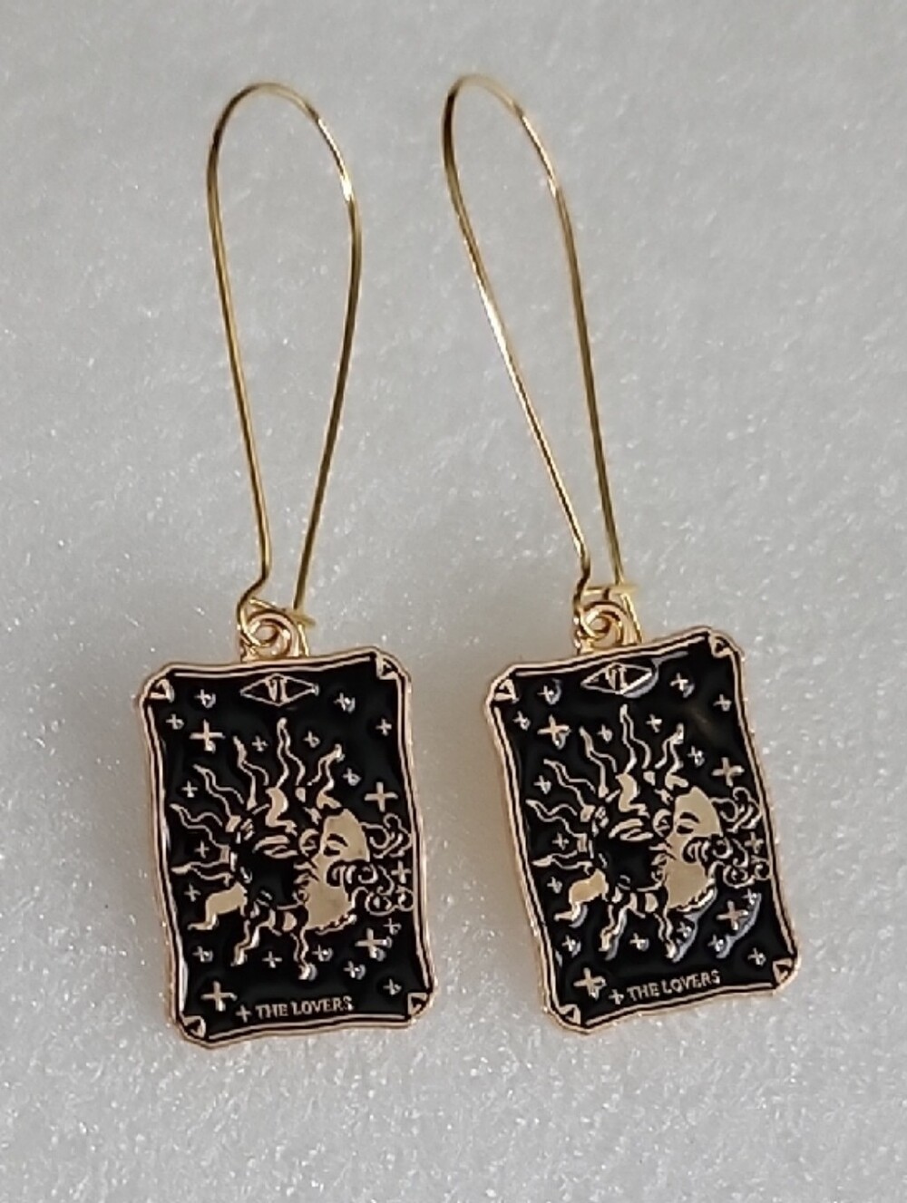 Hand Crafted Black and Gold Tarot The Lovers Drop Earrings